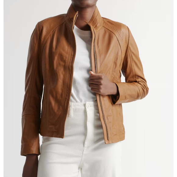 NWT Quince Women's 100% Leather Stand Collar Jacket Cognac Brown Size S - Picture 1 of 15